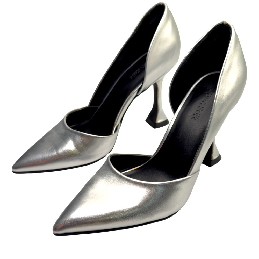 Open Edit Silver Sculptural Heels with Pointed Toe Size 6.5